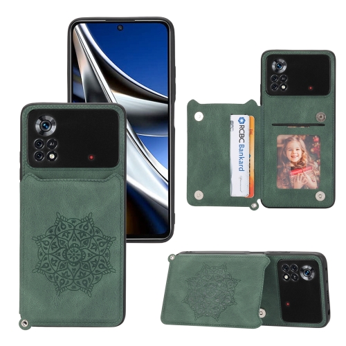 

For Xiaomi Poco X4 Pro 5G Mandala Embossed Card Slots Magnetic Phone Case(Green)