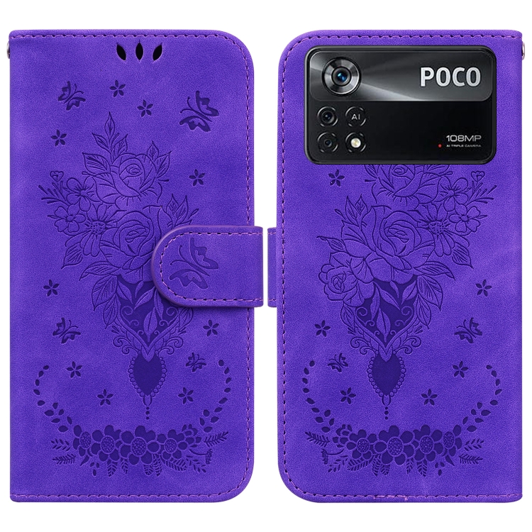 

For Xiaomi Poco X4 Pro 5G Butterfly Rose Embossed Leather Phone Case(Purple)