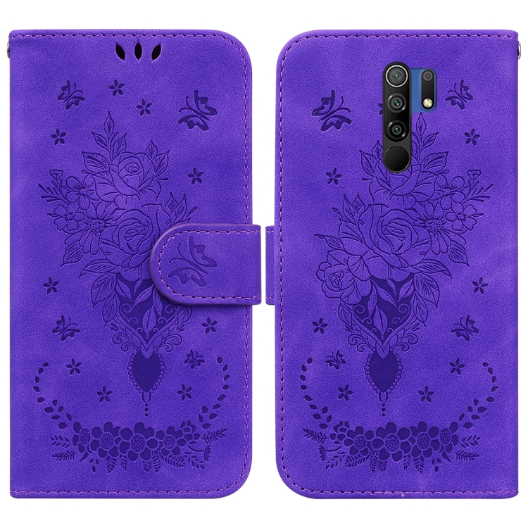 

For Xiaomi Redmi 9 / 9 Prime / Poco M2 Butterfly Rose Embossed Leather Phone Case(Purple)
