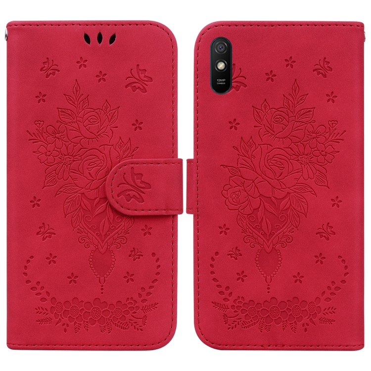 

For Xiaomi Redmi 9A Butterfly Rose Embossed Leather Phone Case(Red)