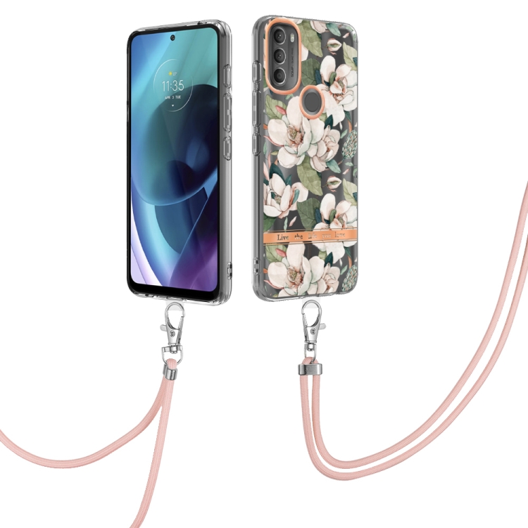 

For Motorola Moto G71 5G Flowers Series TPU Phone Case with Lanyard(Green Gardenia)
