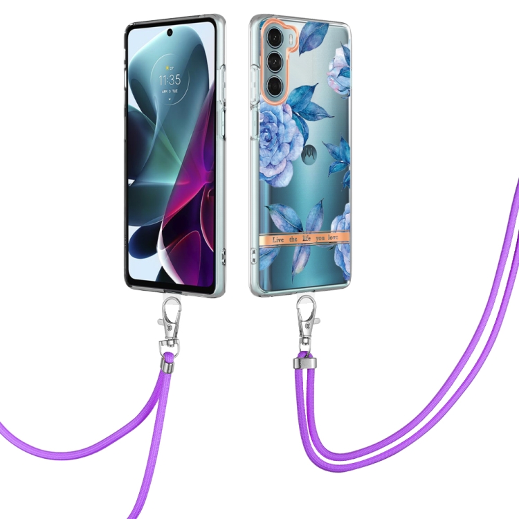 

For Motorola Moto G200 Flowers Series TPU Phone Case with Lanyard(Blue Peony)