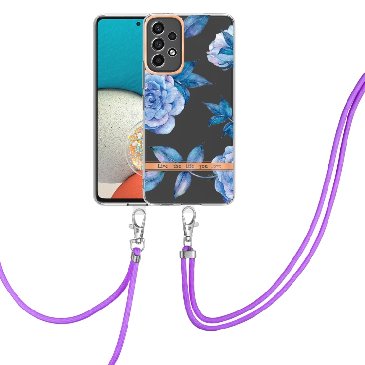 

For Samsung Galaxy A73 5G Flowers Series TPU Phone Case with Lanyard(Blue Peony)
