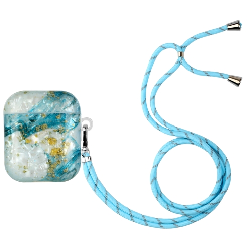 

For AirPods 1 / 2 Painted Shell Texture Wireless Earphone Case with Lanyard(Blue Gold Marble)