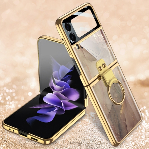 

For Samsung Galaxy Z Flip3 5G GKK Electroplating Tempered Glass Painted Phone Case with Ring Holder(Champagne Gold)