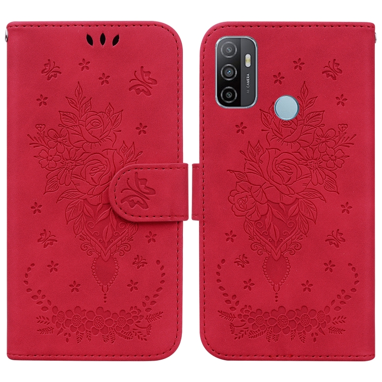 

For OPPO A53 / A33 Butterfly Rose Embossed Leather Phone Case(Red)