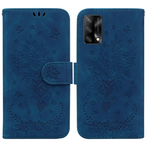 

For OPPO A74 4G / F19 4G Butterfly Rose Embossed Leather Phone Case(Blue)