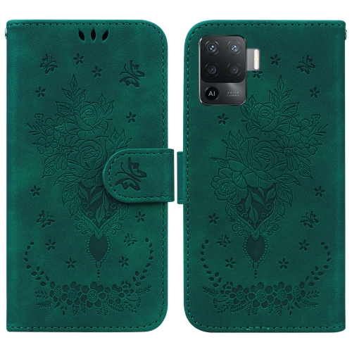 

For OPPO A94 4G / F19 Pro / Reno5 F Butterfly Rose Embossed Leather Phone Case(Green)