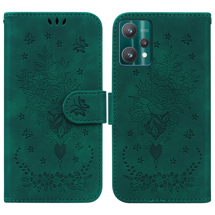 

For OPPO Realme 9 Pro Butterfly Rose Embossed Leather Phone Case(Green)