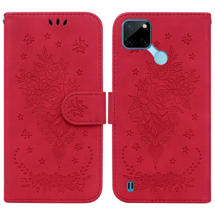 

For OPPO Realme C21Y Butterfly Rose Embossed Leather Phone Case(Red)