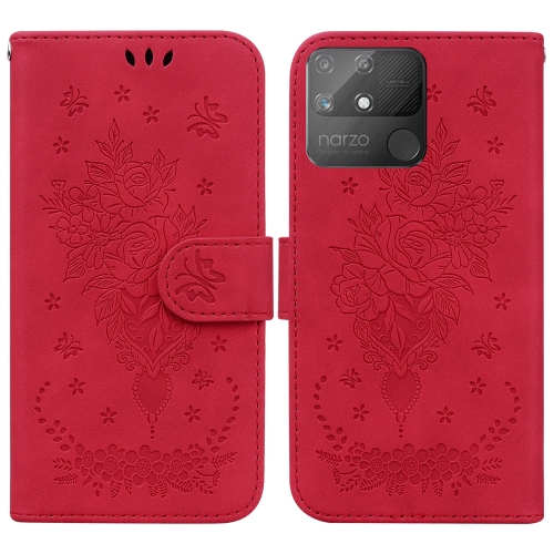 

For OPPO Realme Narzo 50A Butterfly Rose Embossed Leather Phone Case(Red)