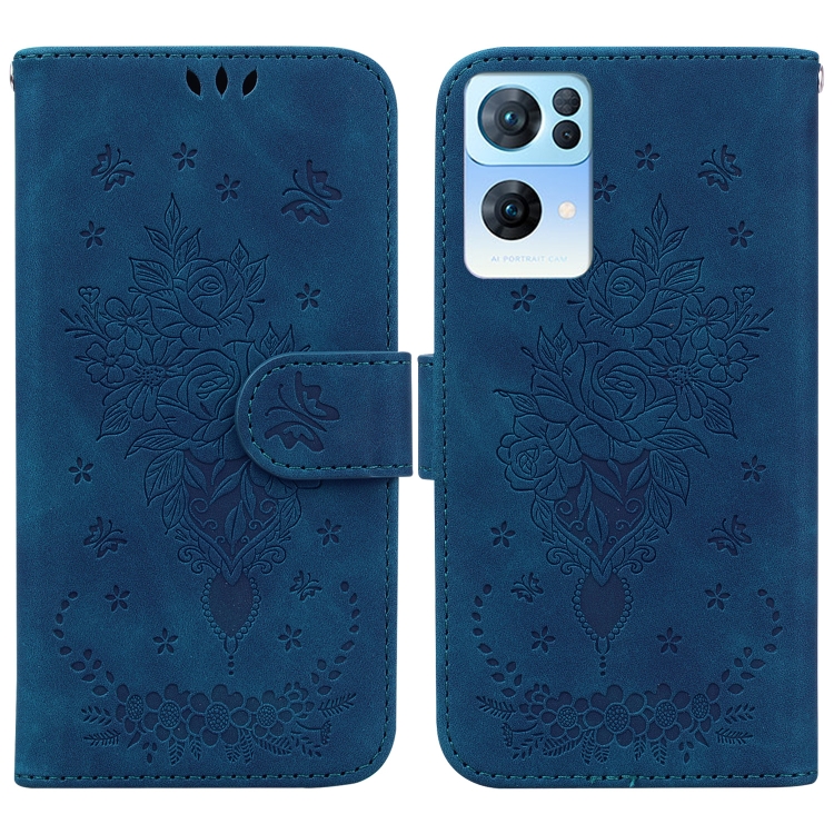

For OPPO Reno7 Pro 5G Butterfly Rose Embossed Leather Phone Case(Blue)