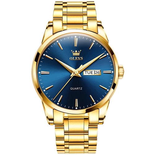 OLEVS 6898 Men Waterproof Luminous Steel Watch Band Quartz Watch(Gold Blue)