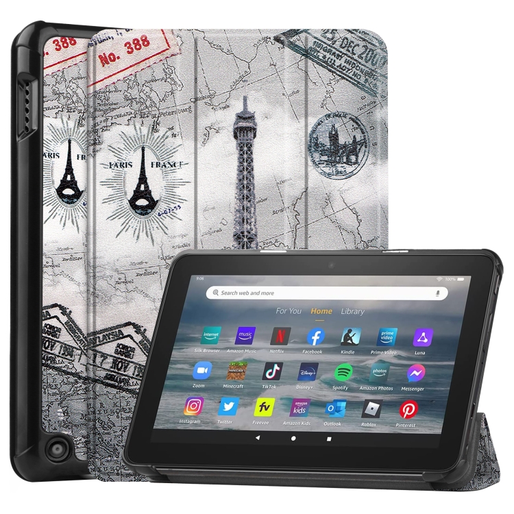 

For Amazon Kindle Fire 7 2022 Custer Painted 3-Fold Holder Smart Leather Tablet Case(Retro Tower)