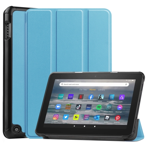 

For Amazon Kindle Fire 7 2022 Custer Pure Color 3-Fold Holder Smart Leather Tablet Case(Sky Blue)