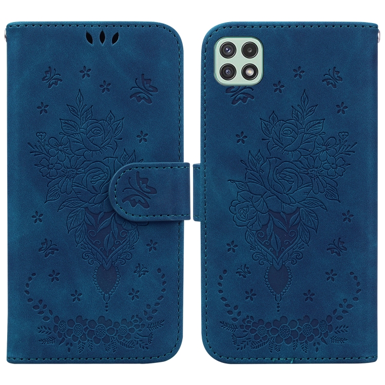 

For Samsung Galaxy A22 5G Butterfly Rose Embossed Leather Phone Case(Blue)