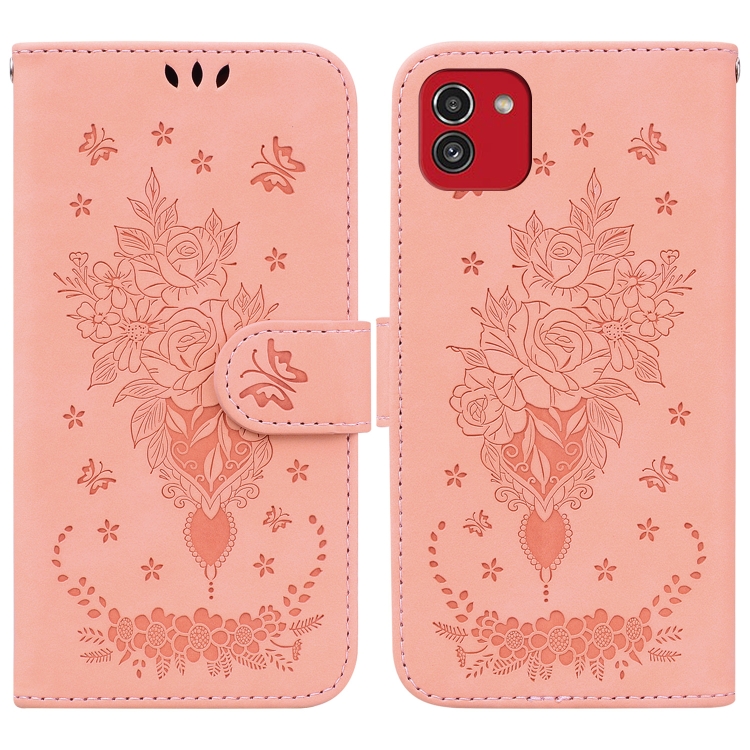 

For Samsung Galaxy A03 166mm Butterfly Rose Embossed Leather Phone Case(Pink)