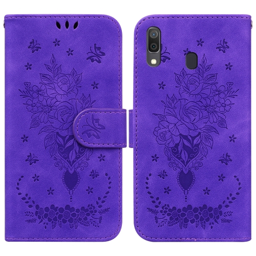 

For Samsung Galaxy A20 / A30 Butterfly Rose Embossed Leather Phone Case(Purple)