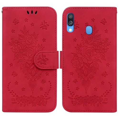 

For Samsung Galaxy A40 Butterfly Rose Embossed Leather Phone Case(Red)