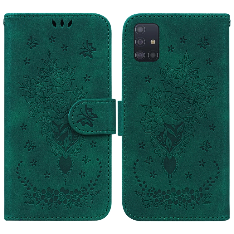 

For Samsung Galaxy A51 5G Butterfly Rose Embossed Leather Phone Case(Green)