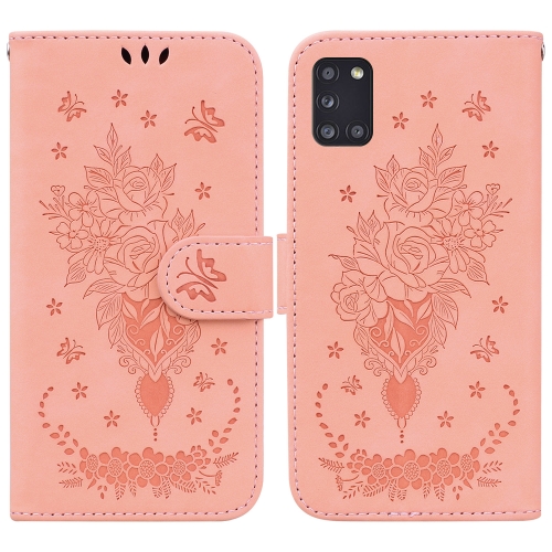 

For Samsung Galaxy A31 Butterfly Rose Embossed Leather Phone Case(Pink)