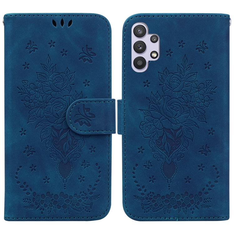 

For Samsung Galaxy A32 4G Butterfly Rose Embossed Leather Phone Case(Blue)