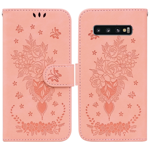 

For Samsung Galaxy S10 Butterfly Rose Embossed Leather Phone Case(Pink)