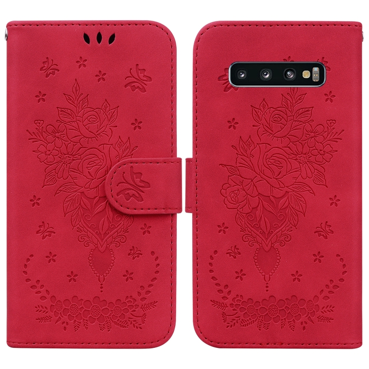 

For Samsung Galaxy S10+ Butterfly Rose Embossed Leather Phone Case(Red)