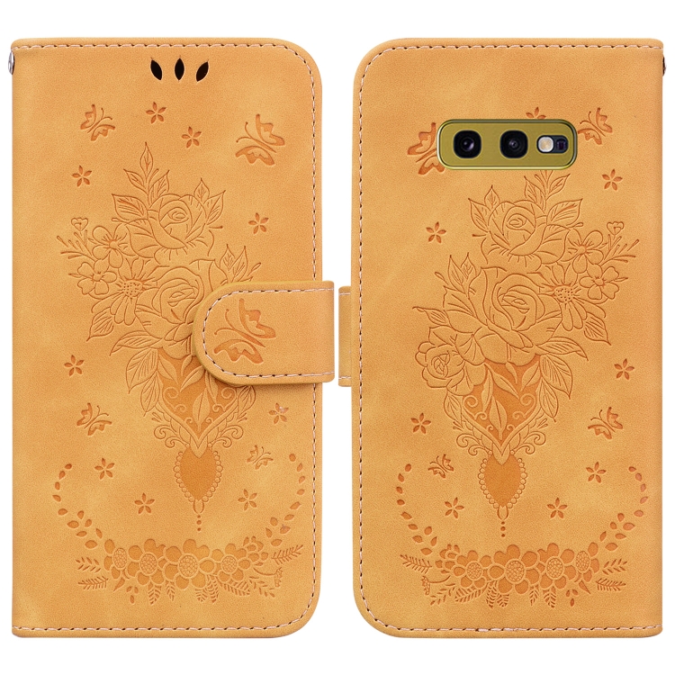 

For Samsung Galaxy S10e Butterfly Rose Embossed Leather Phone Case(Yellow)