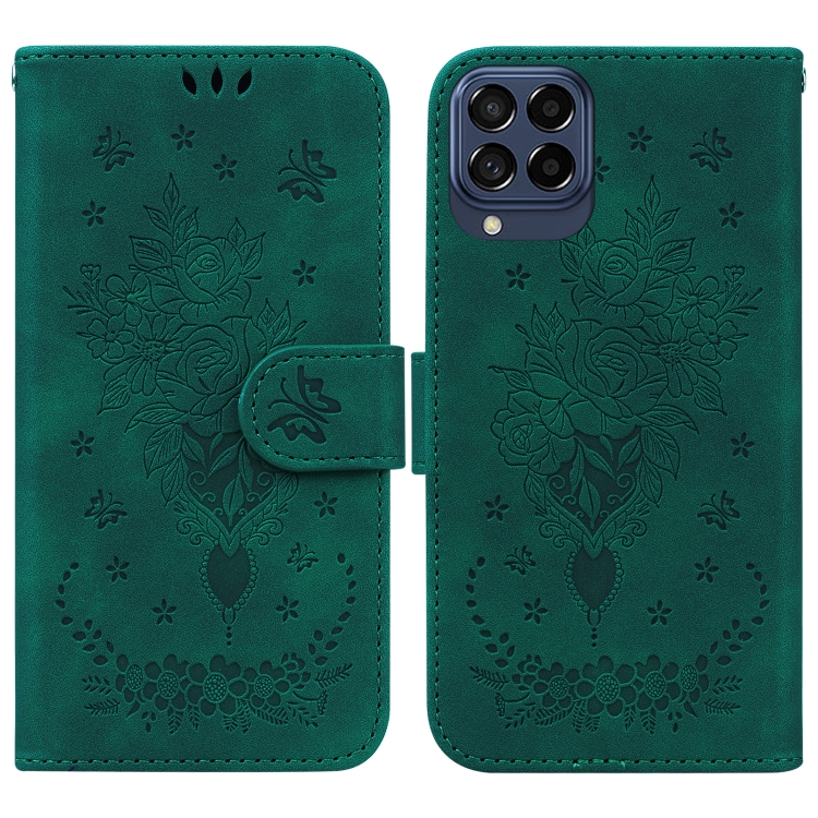 

For Samsung Galaxy M53 5G Butterfly Rose Embossed Leather Phone Case(Green)