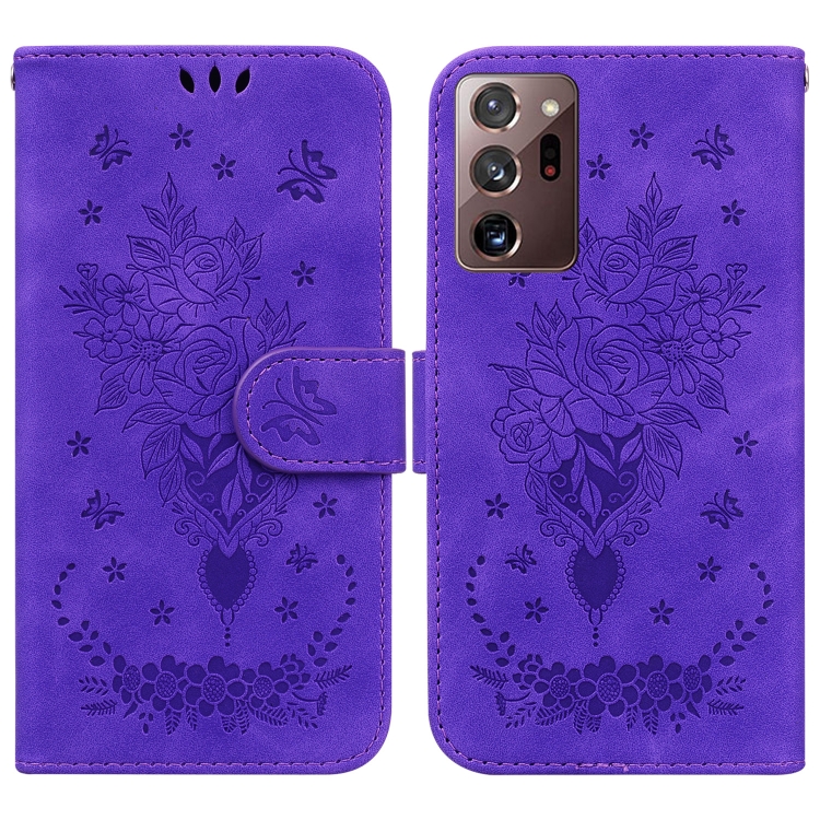 

For Samsung Galaxy Note20 Ultra Butterfly Rose Embossed Leather Phone Case(Purple)
