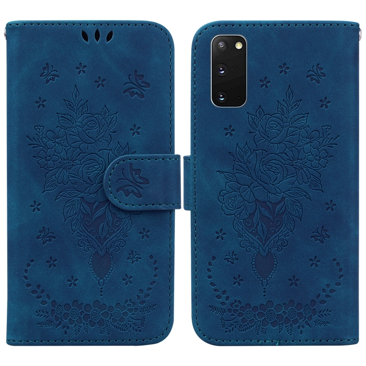 

For Samsung Galaxy S20 Butterfly Rose Embossed Leather Phone Case(Blue)