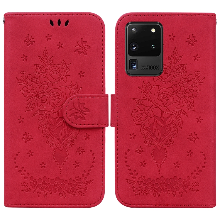 

For Samsung Galaxy S20 Ultra Butterfly Rose Embossed Leather Phone Case(Red)