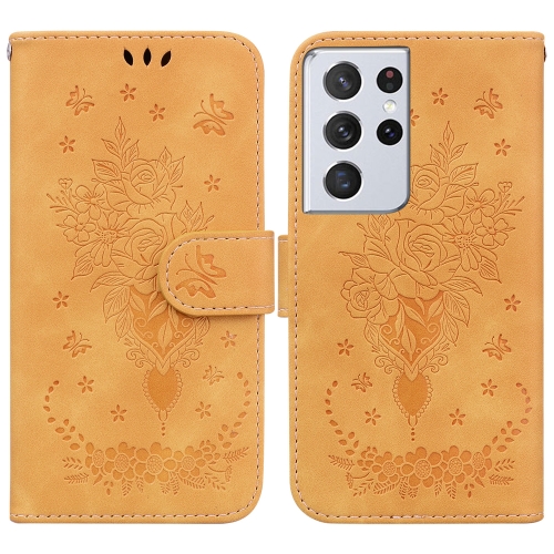

For Samsung Galaxy S21 Ultra 5G Butterfly Rose Embossed Leather Phone Case(Yellow)