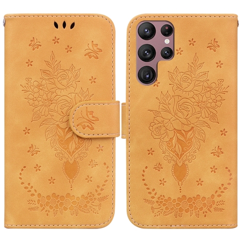 

For Samsung Galaxy S22 Ultra 5G Butterfly Rose Embossed Leather Phone Case(Yellow)