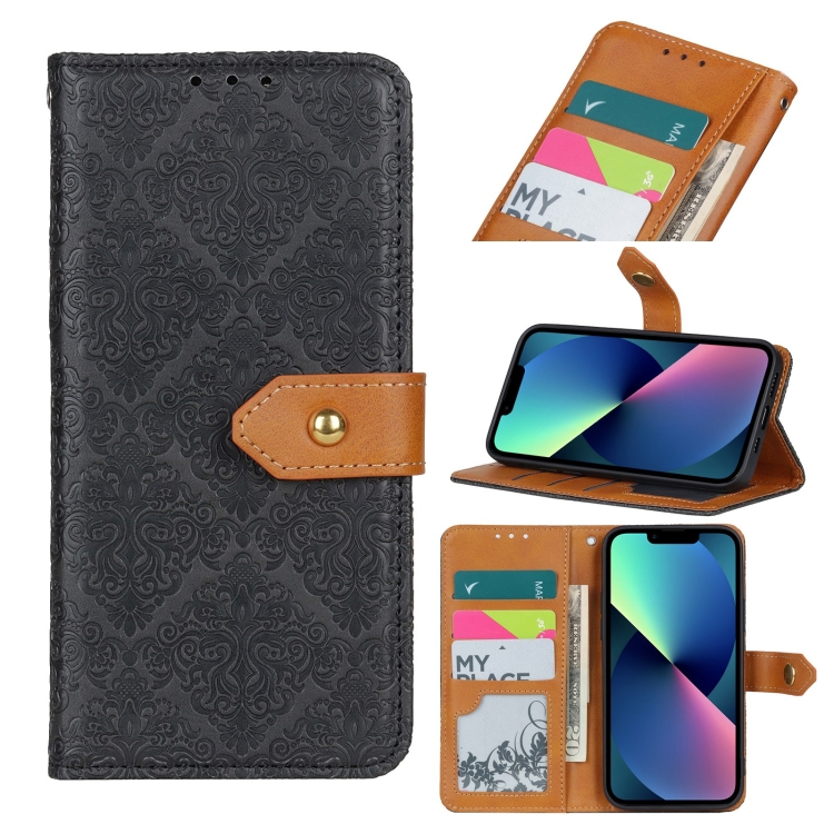 

European Floral Embossed Copper Buckle Horizontal Flip PU Leather Phone Case For iPhone 14 Max,Small Quantity Recommended Before iPhone 14 Launching(Black)