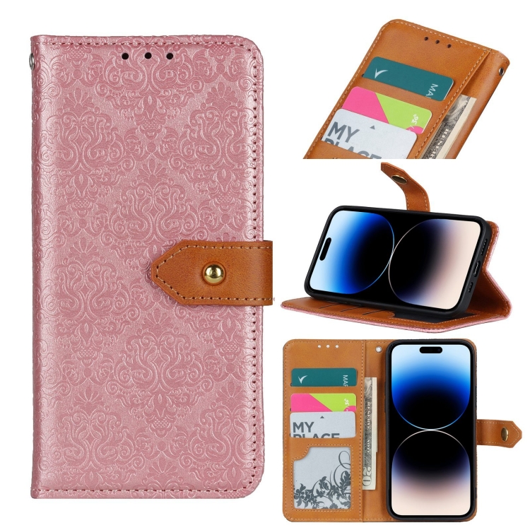 

European Floral Embossed Copper Buckle Horizontal Flip PU Leather Phone Case For iPhone 14 Pro,Small Quantity Recommended Before iPhone 14 Launching(Pink)