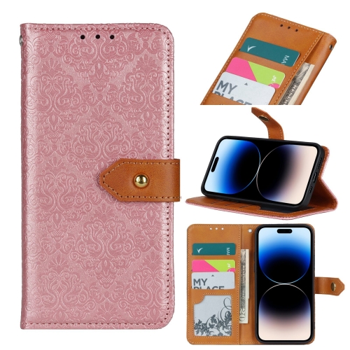 

European Floral Embossed Copper Buckle Horizontal Flip PU Leather Phone Case For iPhone 14 Pro Max,Small Quantity Recommended Before iPhone 14 Launching(Pink)