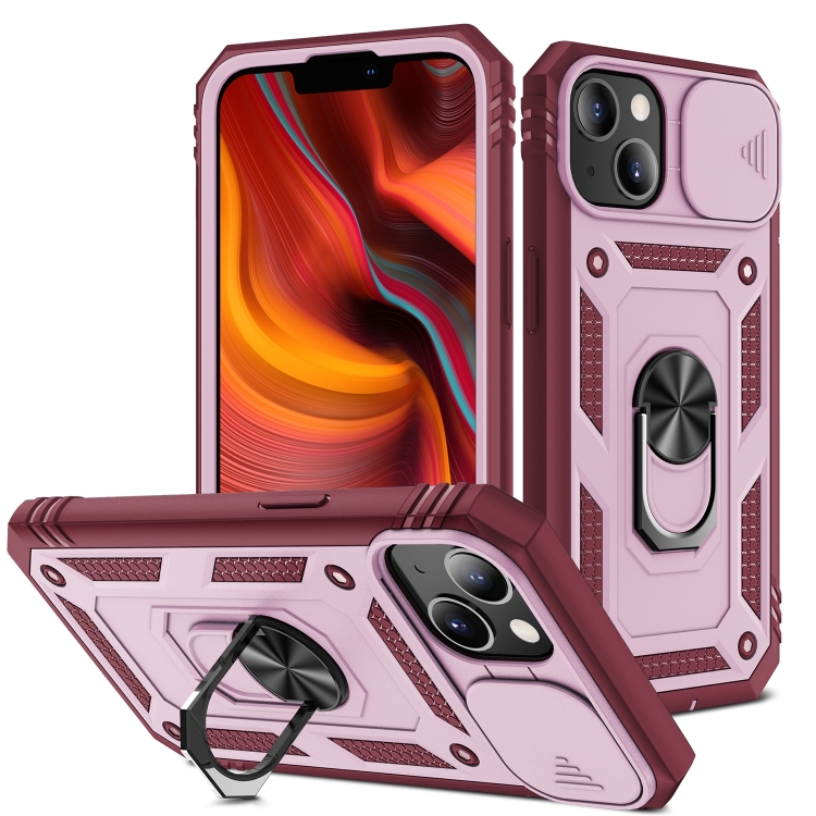 

For iPhone 14 Sliding Camera Cover Design TPU + PC Protective Phone Case (Pink+Dark Red)
