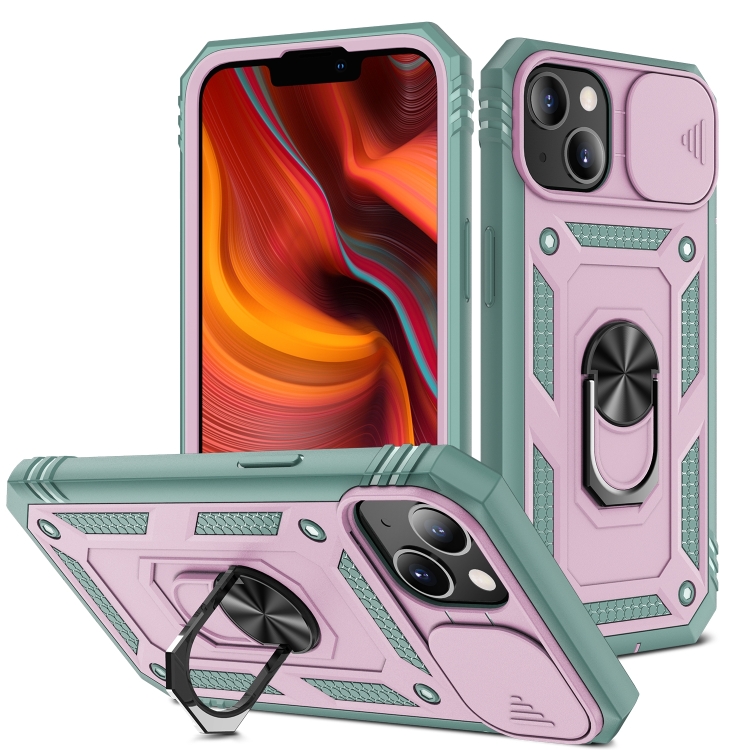 

For iPhone 14 Plus Sliding Camera Cover Design TPU + PC Protective Phone Case (Grey Green+Pink)