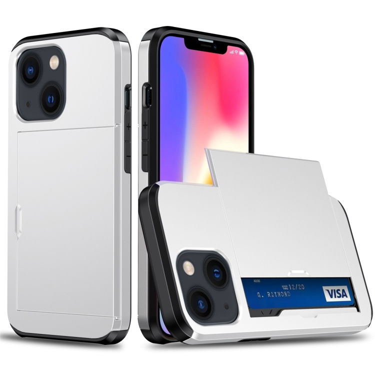 

For iPhone 14 Shockproof Armor Protective Phone Case with Slide Card Slot (White)