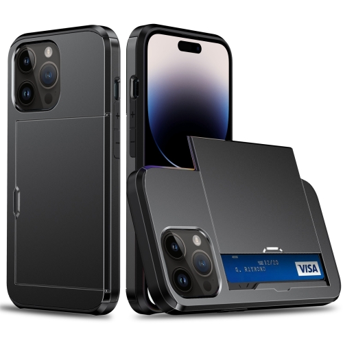 For iPhone 14 Pro Shockproof Armor Protective Phone Case with Slide Card Slot (Black) for iphone 11 klt888 2 retro 2 in 1 detachable magnetic horizontal flip tpu pu leather case with holder