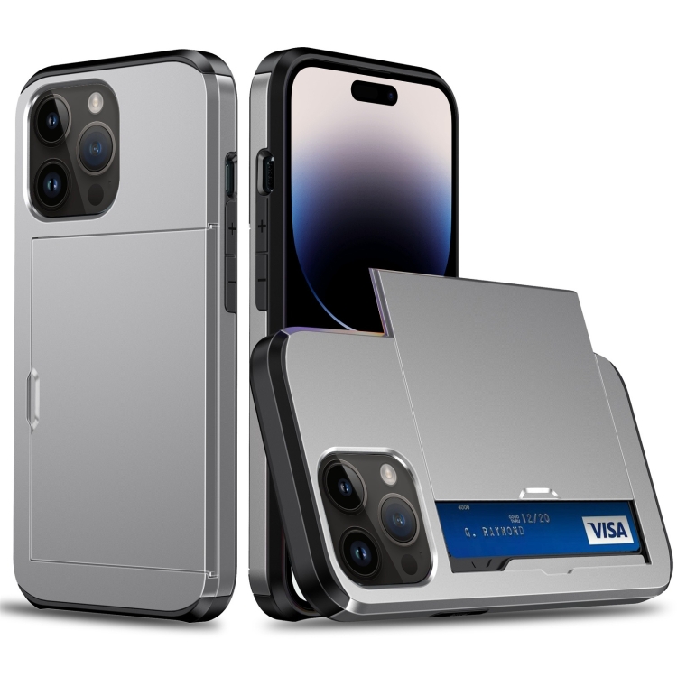 

Shockproof Armor Protective Phone Case with Slide Card Slot For iPhone 14 Pro (Grey)