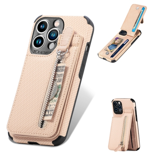 

For iPhone 13 Pro Carbon Fiber Vertical Flip Zipper Phone Case (Khaki Apricot)