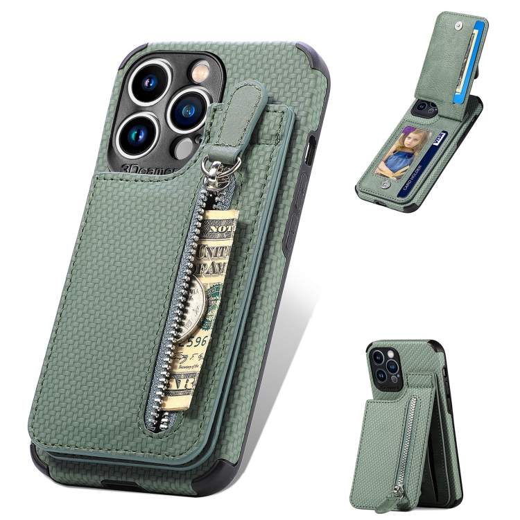 

Carbon Fiber Vertical Flip Zipper Phone Case For iPhone 12 mini(Green)