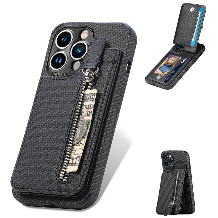 

For iPhone 12 Carbon Fiber Vertical Flip Zipper Phone Case(Black)