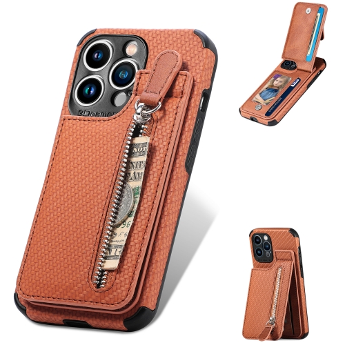 

Carbon Fiber Vertical Flip Zipper Phone Case For iPhone 12 Pro Max(Brown)