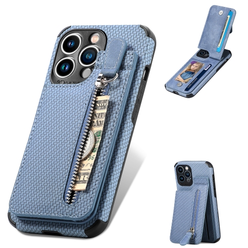 

Carbon Fiber Vertical Flip Zipper Phone Case For iPhone 11 Pro Max(Blue)