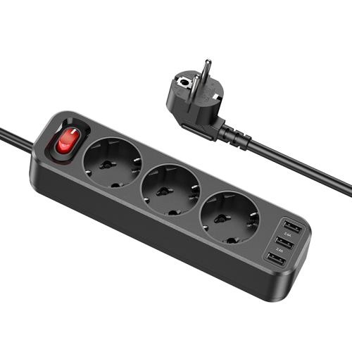 

hoco NS2 3-position + 3-USB Extension Cord Socket, EU Plug(Black)