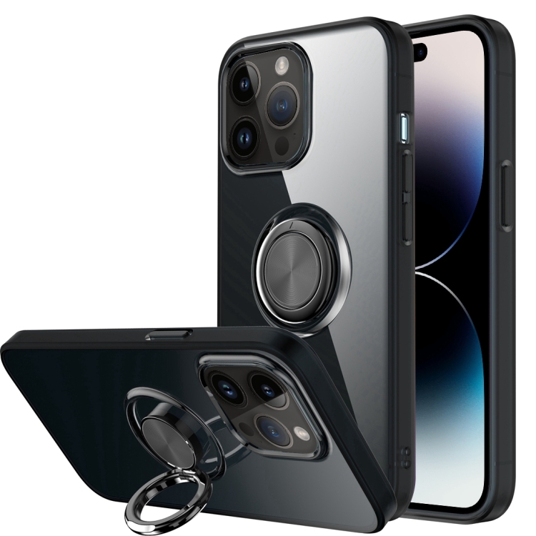 

Shockproof Matte Transparent TPU Protective Phone Case with Ring Holder For iPhone 14 Pro Max (Black)
